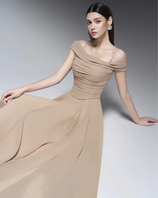 Ruched Off Shoulder Crepe Dress - Light Beige