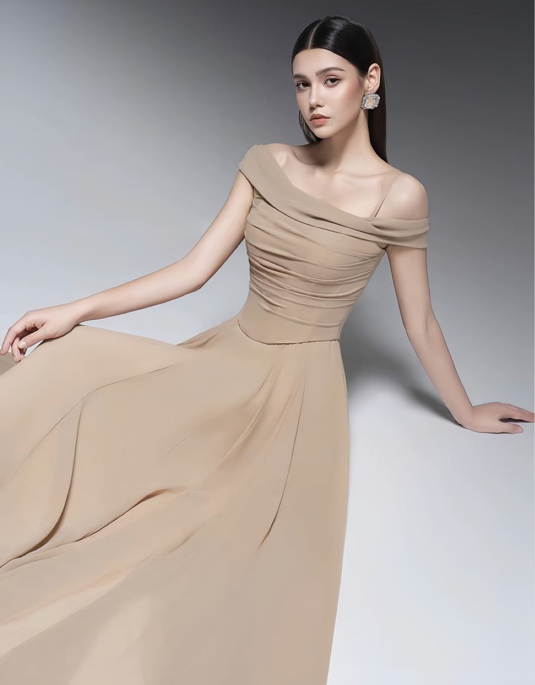 Ruched Off Shoulder Crepe Dress - Light Beige