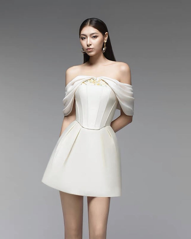 Off Shoulder Crepe Floor-Length Dress - White