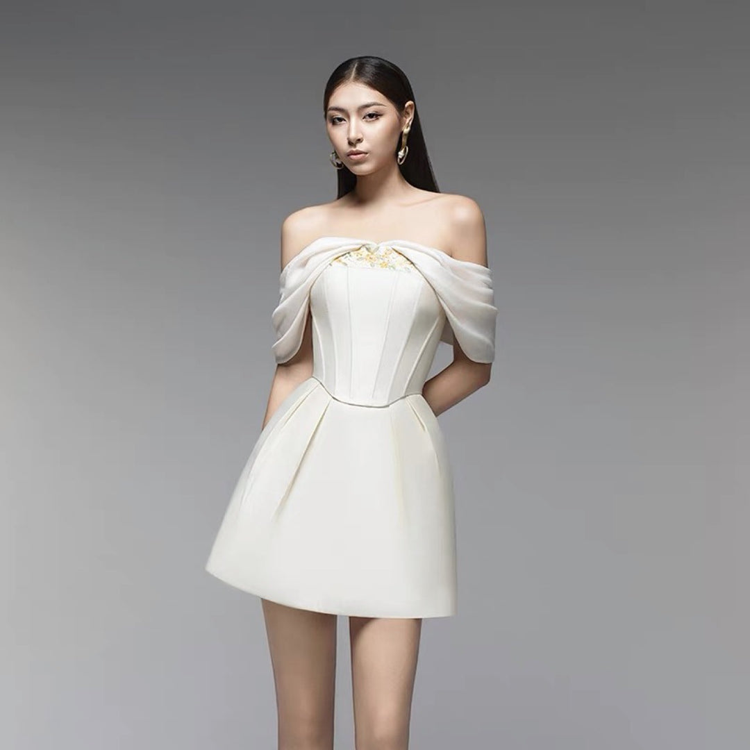 Off Shoulder Crepe Floor-Length Dress - White