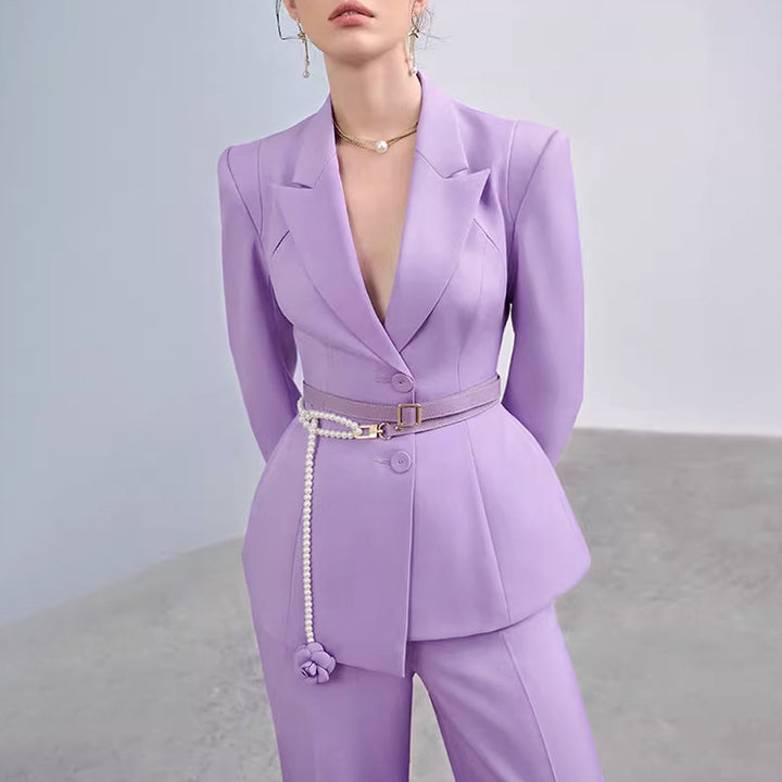 Elegant Purple Dress Suit for Women - Formal Business Outfit with Pearl Belt