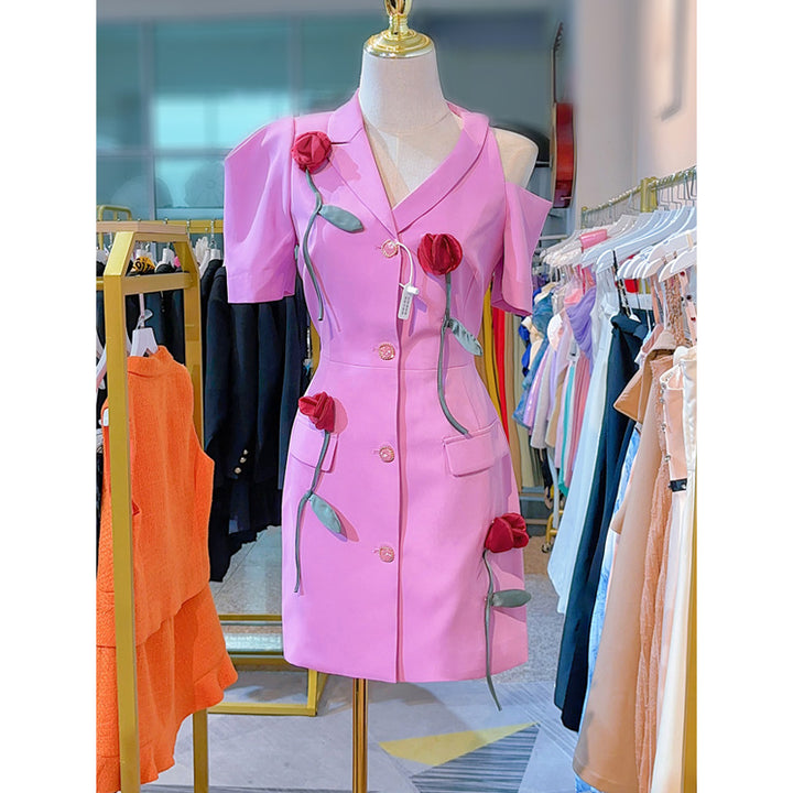 Elegant 3D Rose Asymmetrical Shoulder Dress | Unique Summer Fashion