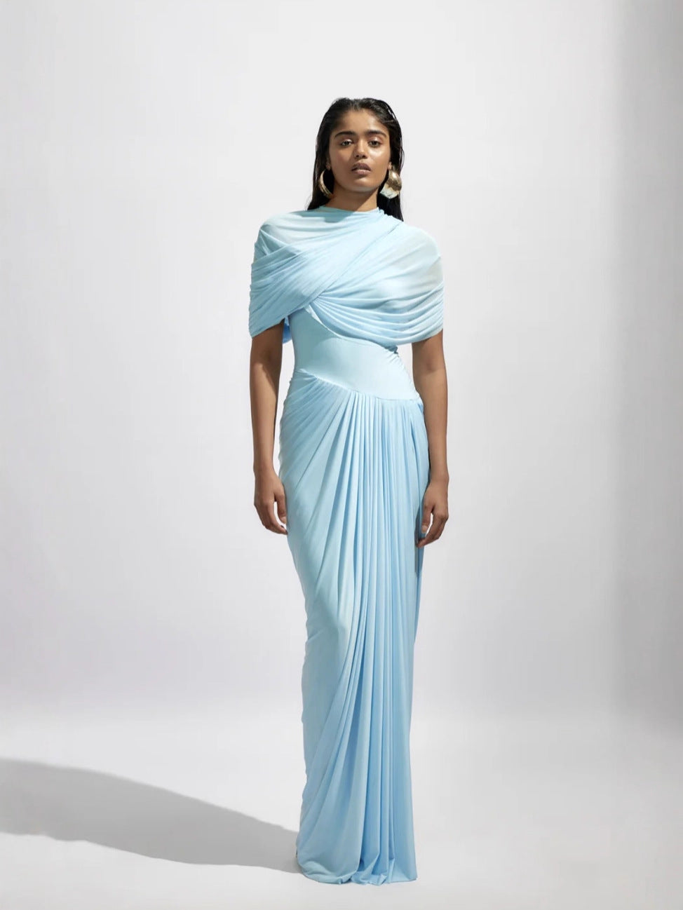 Elegant Blue Pleated Formal Dress