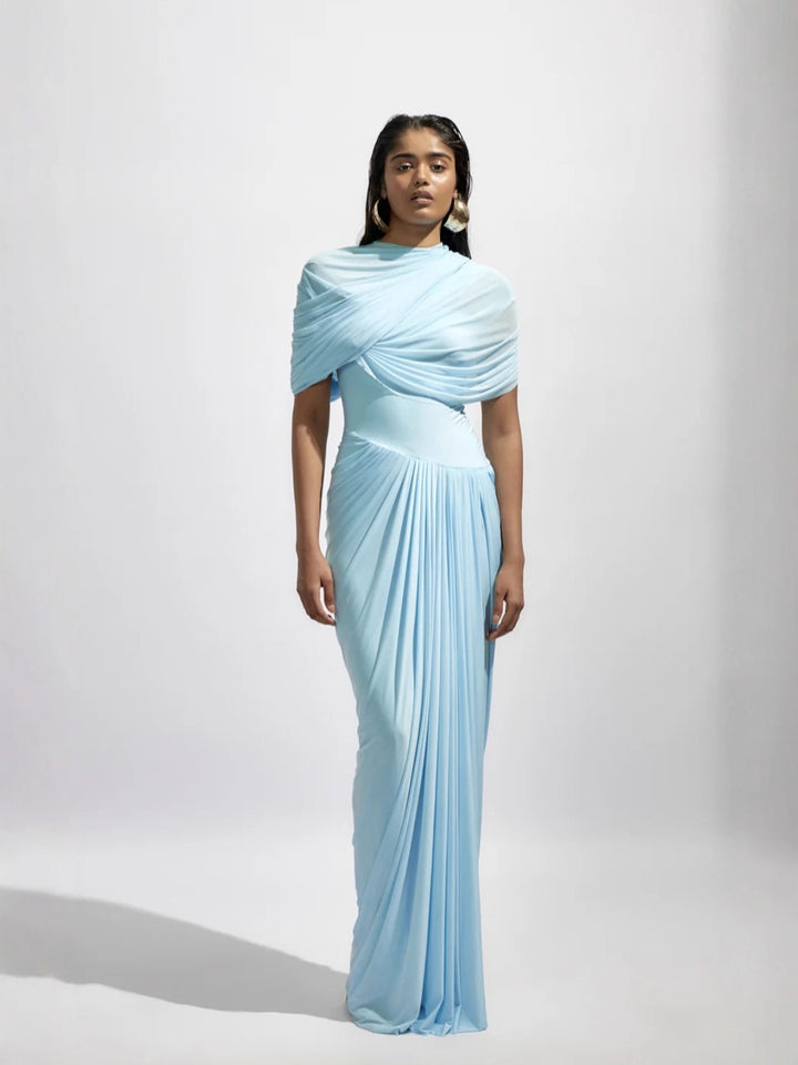 Elegant Blue Pleated Formal Dress