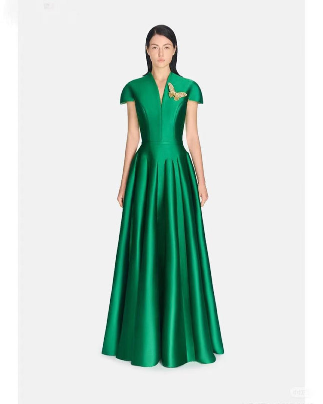 V-neck Crepe Fitted Waist Dress - Green