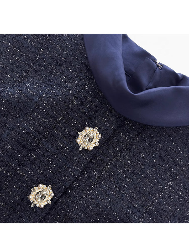 Navy Blue Tweed Satin Evening Dress | 2025 Spring New