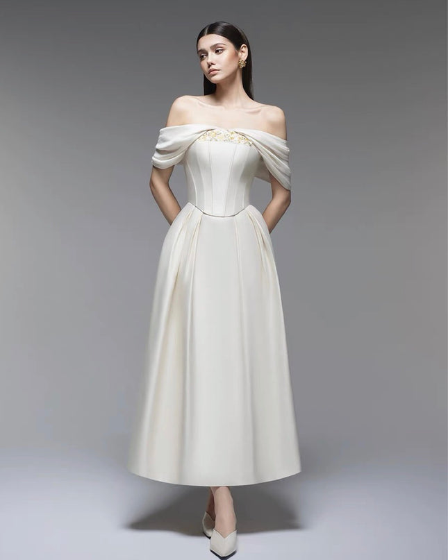 Off Shoulder Crepe Floor-Length Dress - White