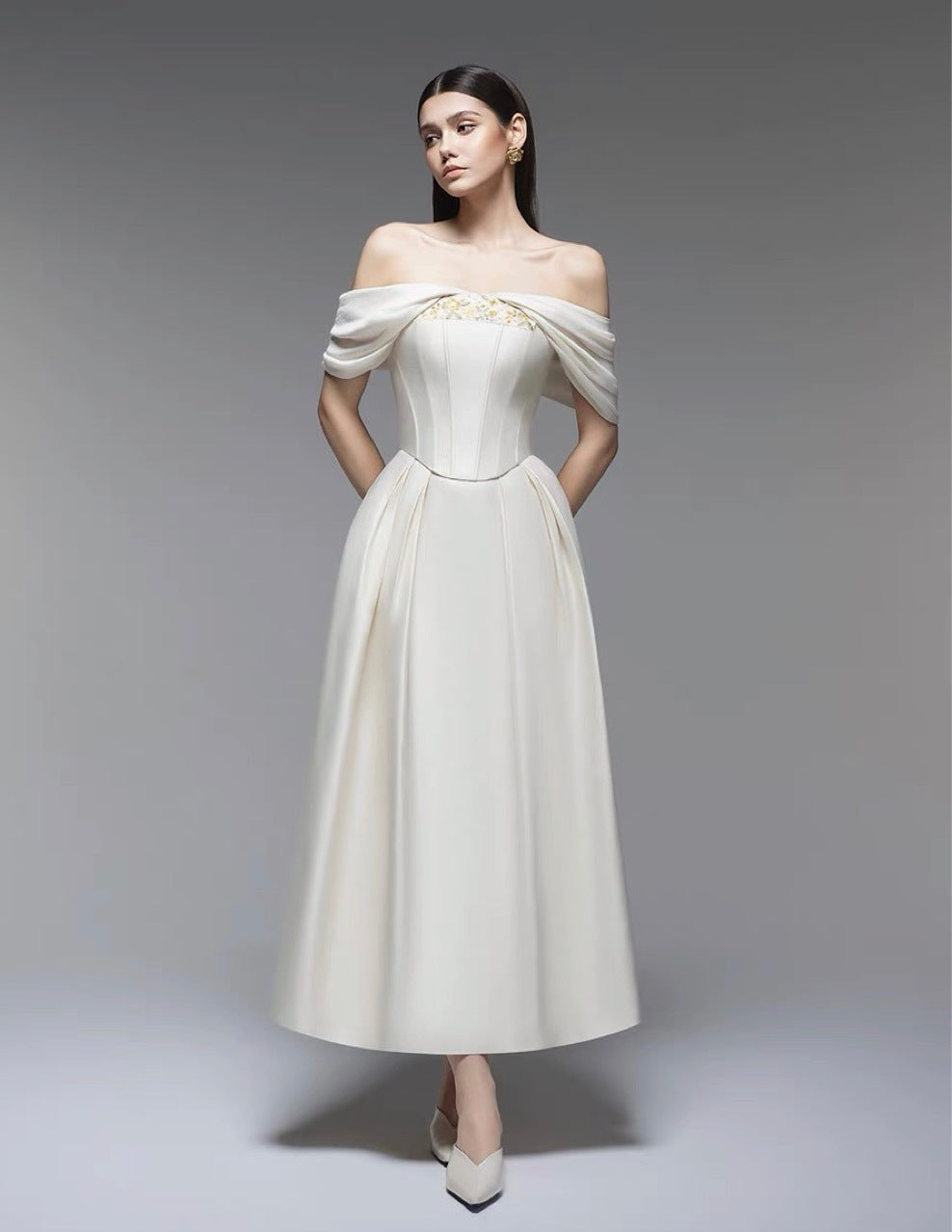 Off Shoulder Crepe Floor-Length Dress - White