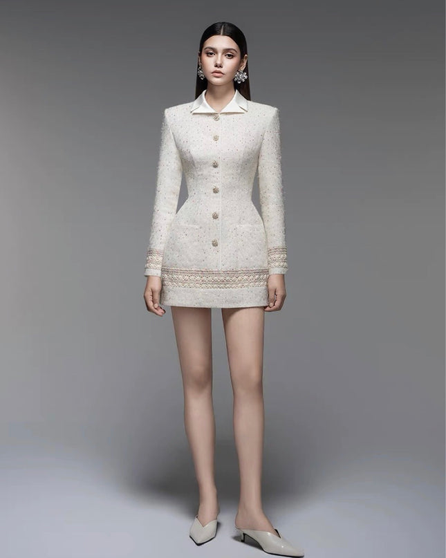 Lace-trimmed Flannel A-line Dress - White