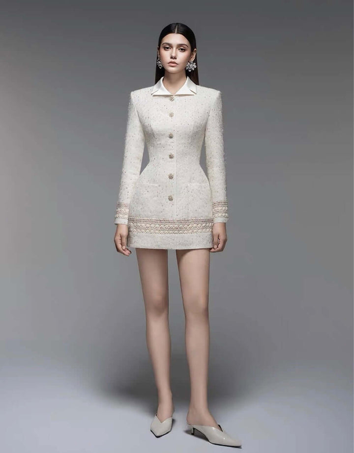 Lace-trimmed Flannel A-line Dress - White