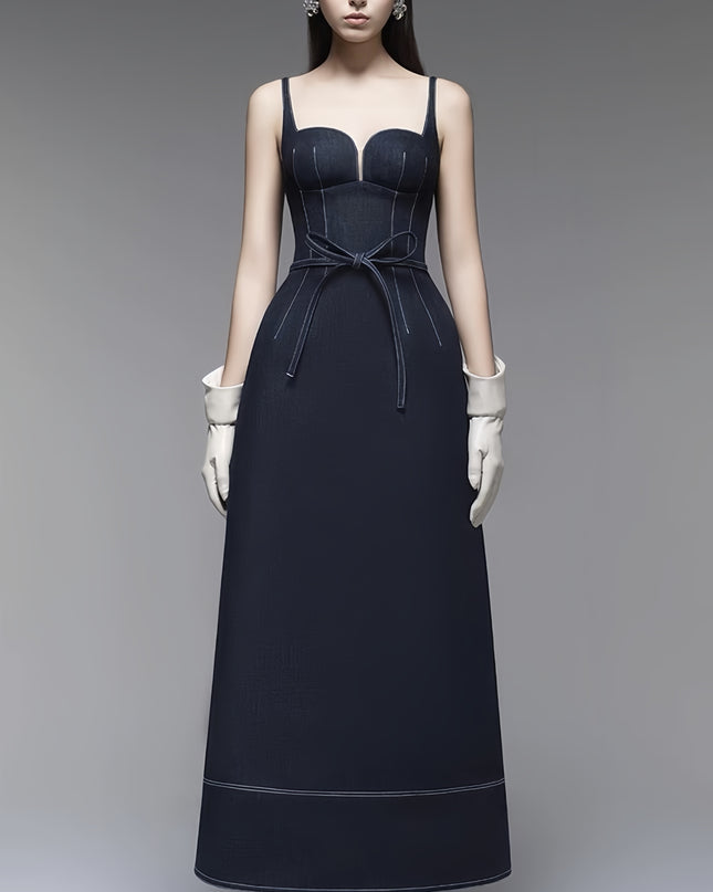 Off Shoulder Denim Maxi Dress - Navy Blue