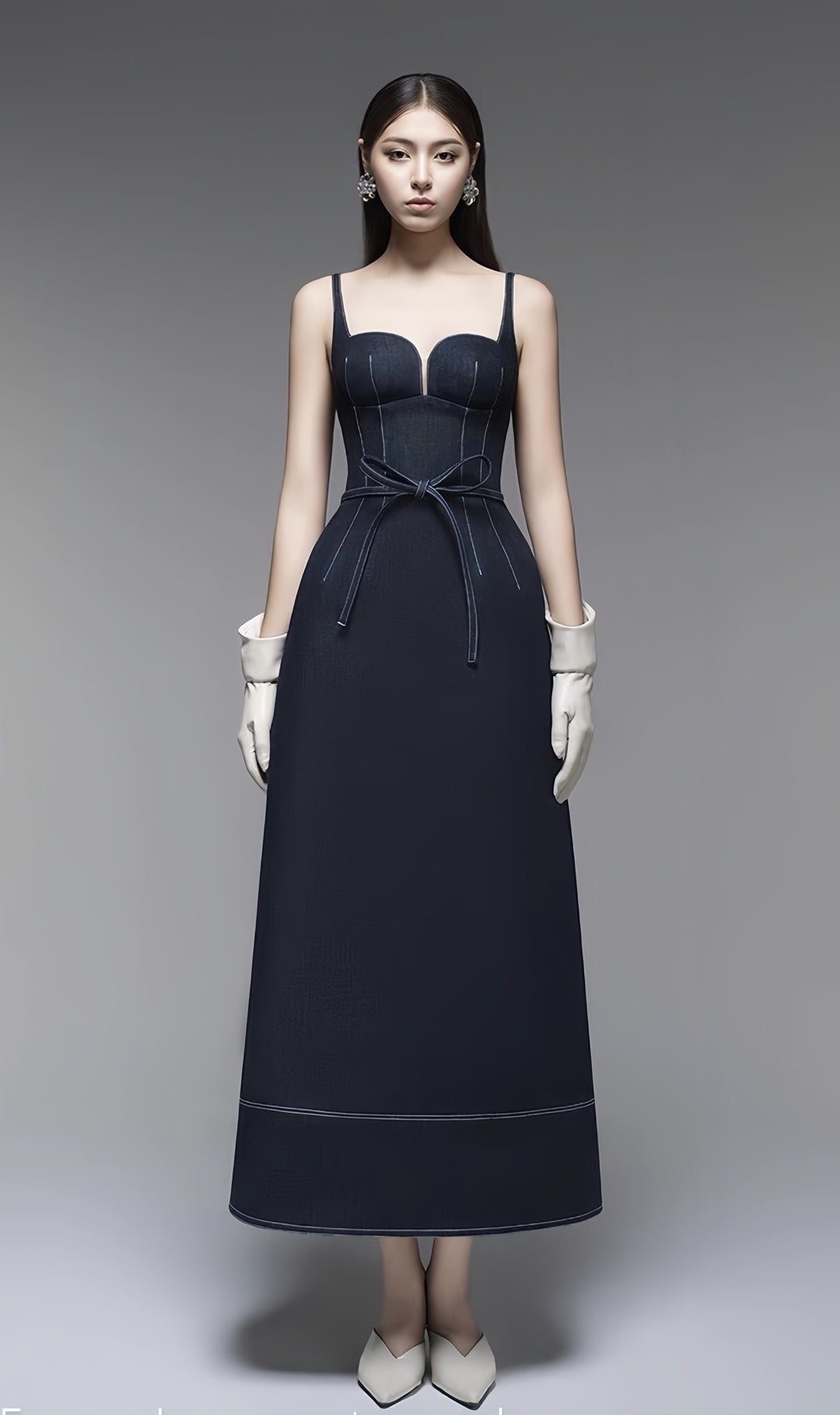 Off Shoulder Denim Maxi Dress - Navy Blue