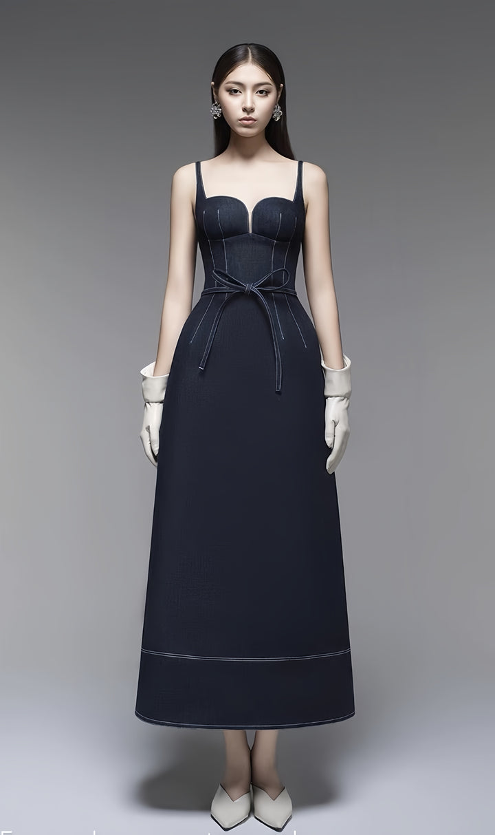 Off Shoulder Denim Maxi Dress - Navy Blue