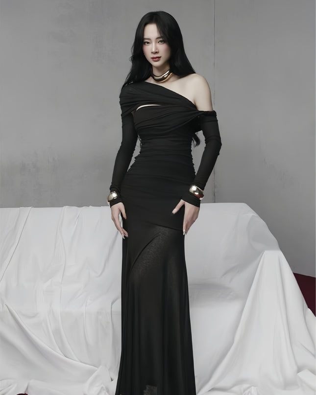 Strapped Off Shoulder Dress -Black