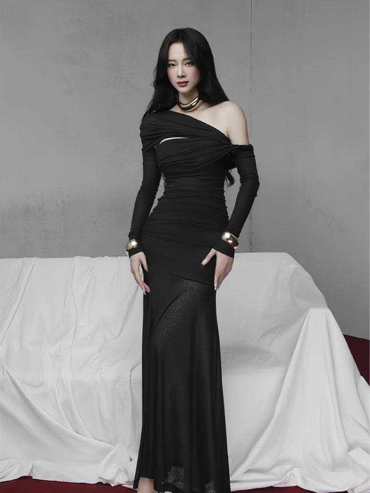 Strapped Off Shoulder Dress -Black