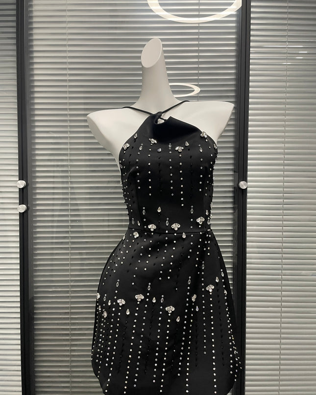 High Neck Starry Crepe Dress - Black