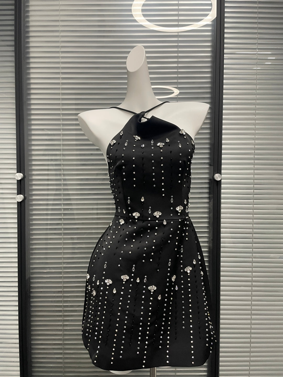 High Neck Starry Crepe Dress - Black