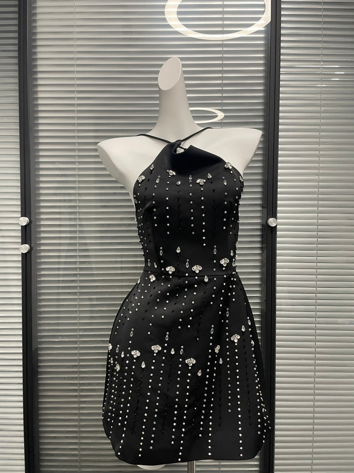 High Neck Starry Crepe Dress - Black