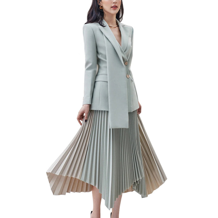 Elegant Dress with Pleated Hem & Blazer | Autumn Fashion