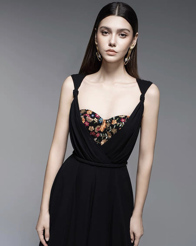 Black Petal Crepe Maxi Dress with Butterfly Embroidery