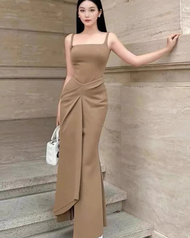 Off Shoulder Satin Fishtail Dress - Khaki
