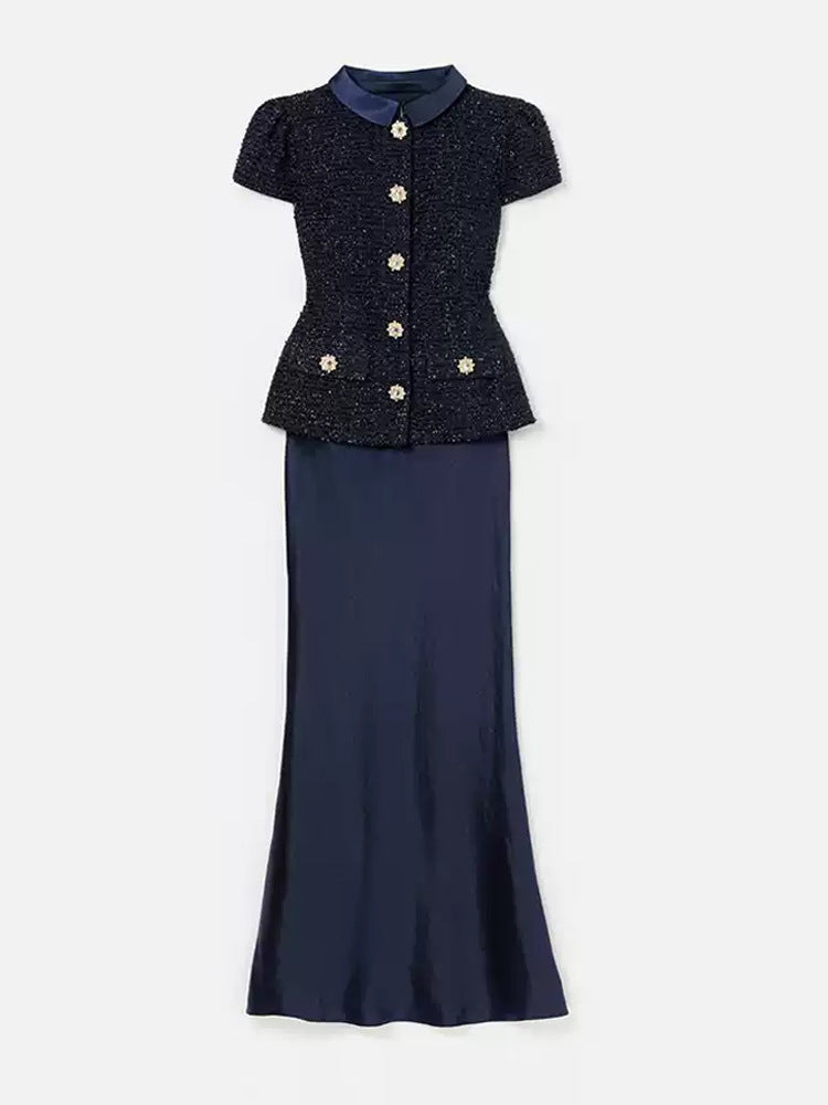 Navy Blue Tweed Satin Evening Dress | 2025 Spring New