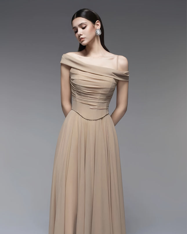 Ruched Off Shoulder Crepe Dress - Light Beige