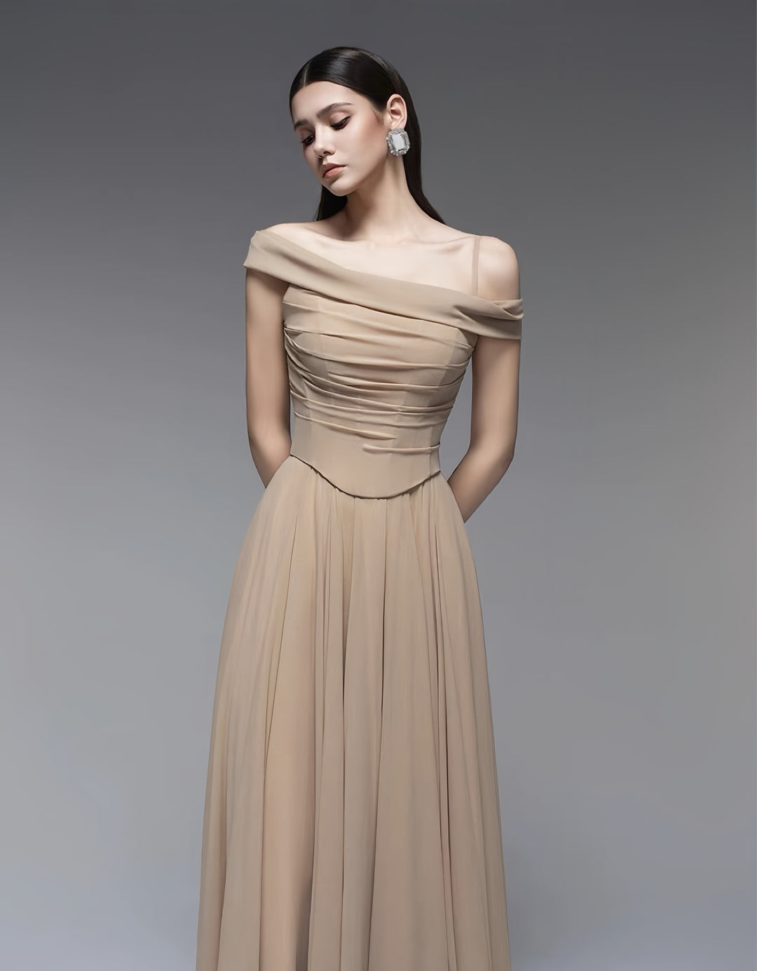 Ruched Off Shoulder Crepe Dress - Light Beige