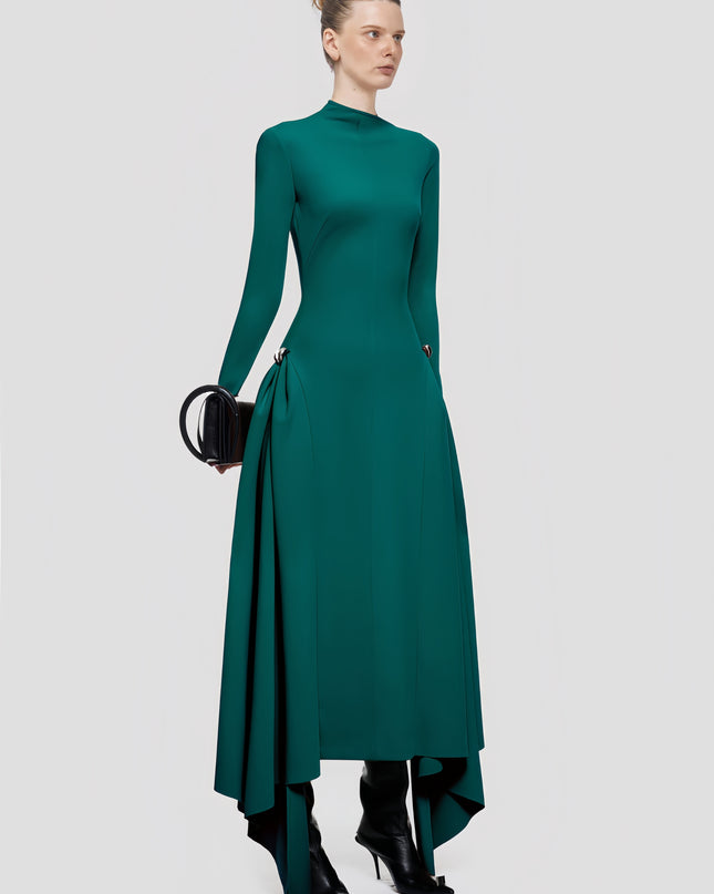 High-Waisted Asymmetrical Full-Sleeve Dress - Deep Green