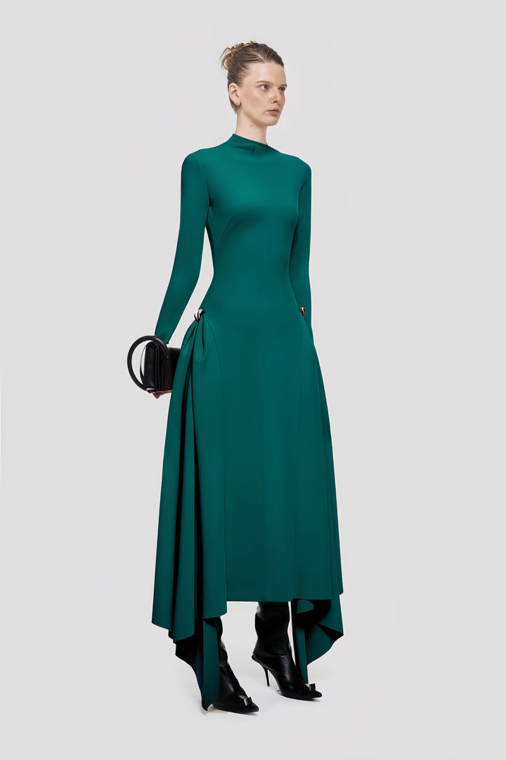 High-Waisted Asymmetrical Full-Sleeve Dress - Deep Green