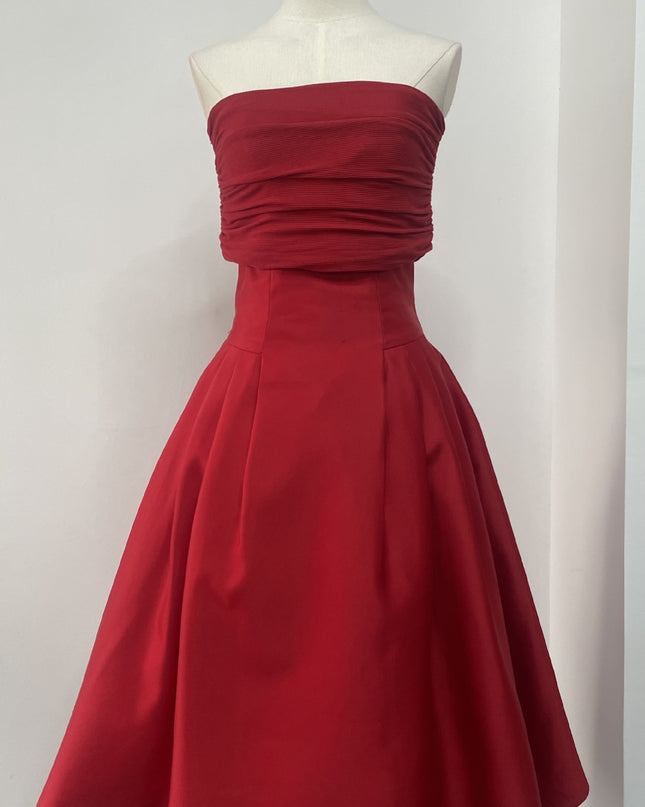 Satin Ruched Off Shoulder Dress - Red