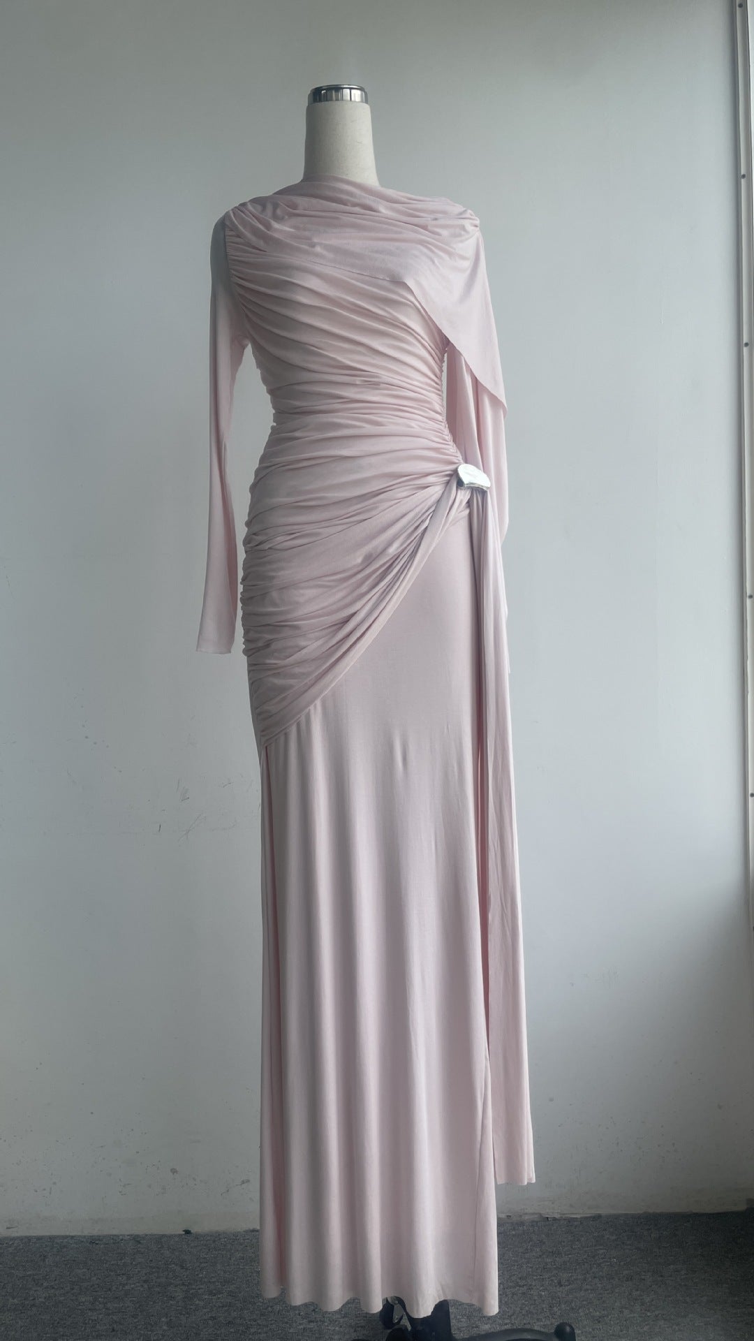 Blush Pink Pleated Draped Cape Dress – High-Waisted Elegance