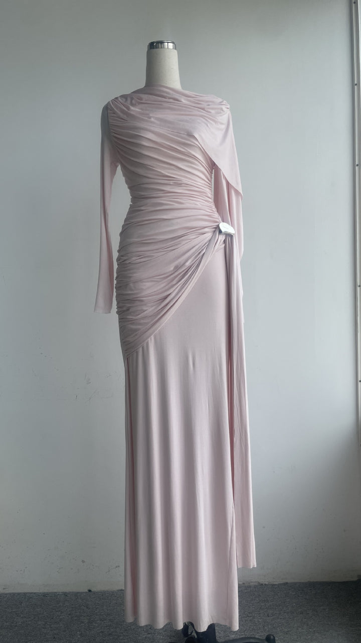 Blush Pink Pleated Draped Cape Dress – High-Waisted Elegance