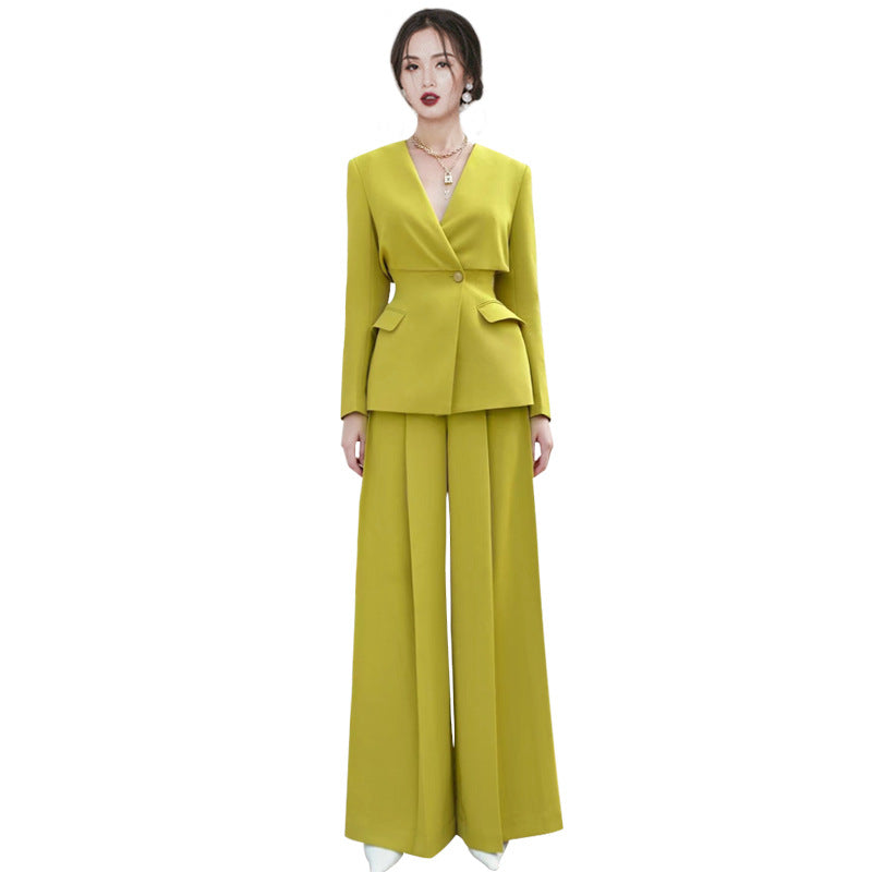 Elegant Green Dress Suit Set 2024 | V-Neck Women's Outfit