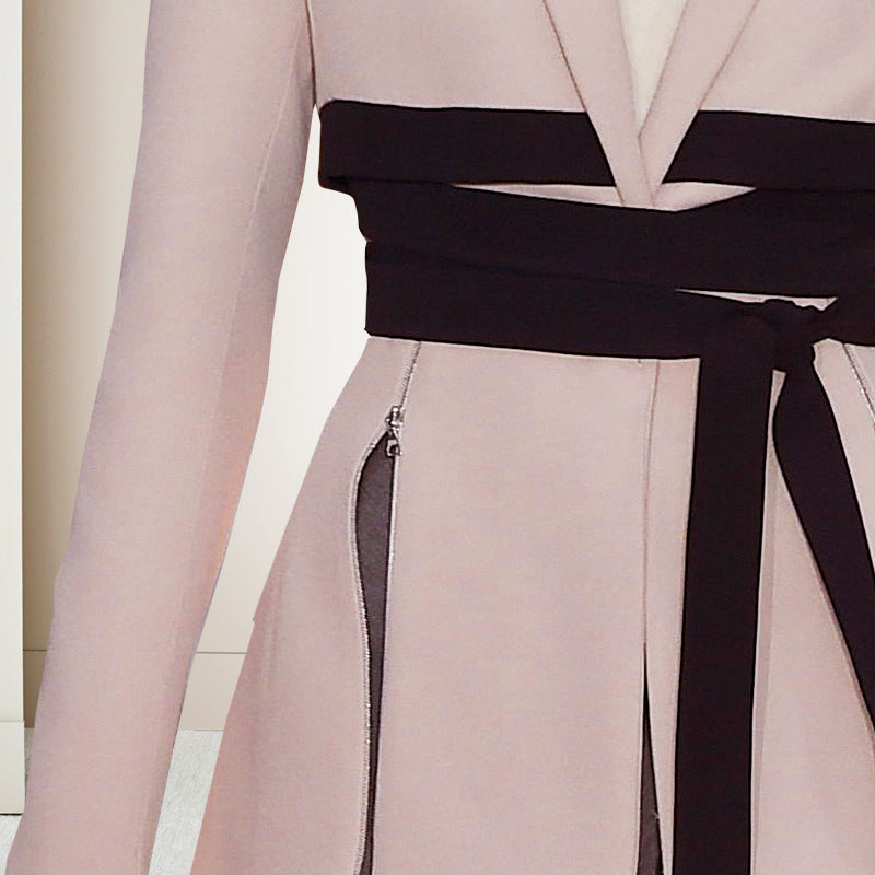 Pink Chic Lace-Up Dress Suit with Drawstring Waist for Elegant Office Wear