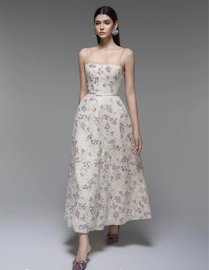 Off Shoulder Lace Flowy Dress - Lavender