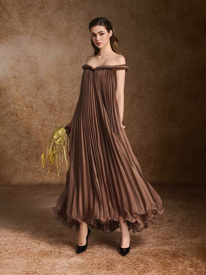 Vintage Elegant Dark Brown Pleated Dress