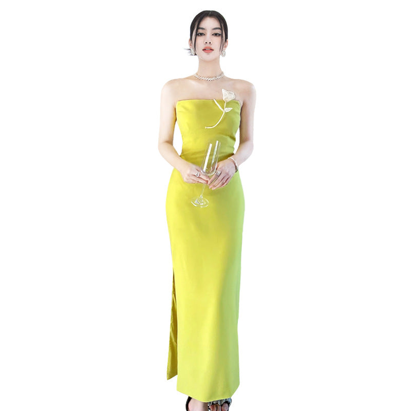Lemon Yellow Strapless Evening Dress | French Luxury Side Slit Design