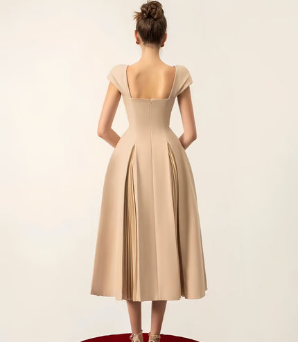 Cinched Crepe Pleated Dress - apricot