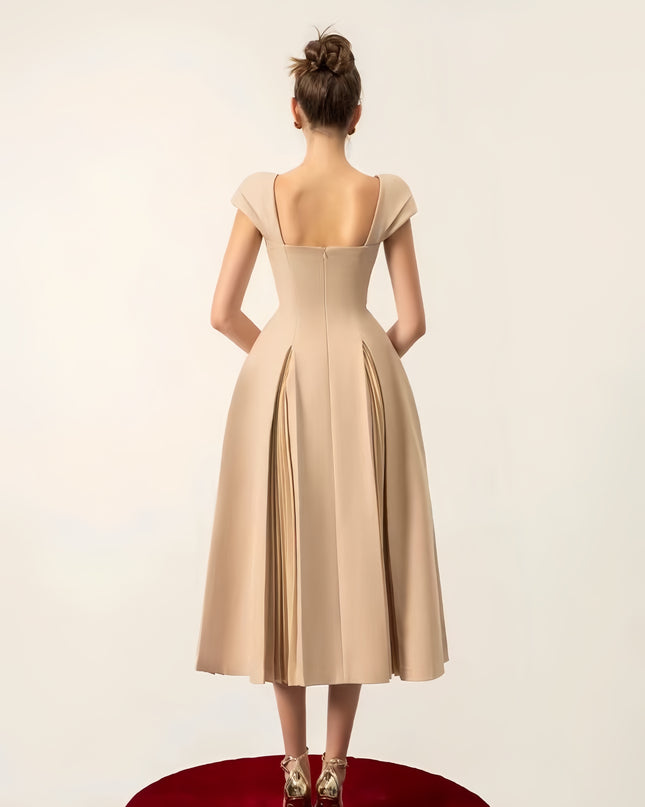 Cinched Crepe Pleated Dress - apricot
