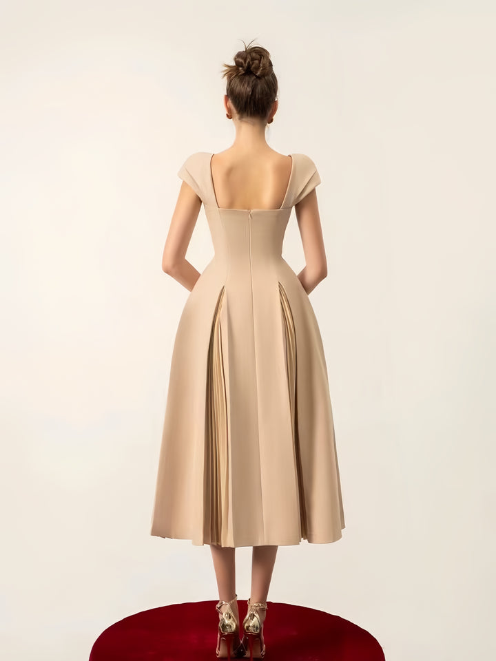 Cinched Crepe Pleated Dress - apricot