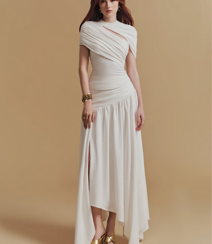 Asymmetrical Crepe Maxi Dress - White