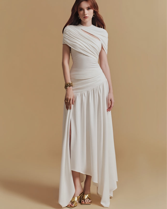 Asymmetrical Crepe Maxi Dress - White