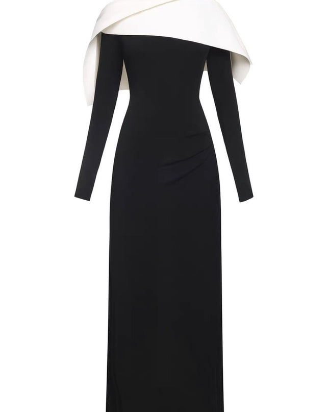 Asymmetric Knit Maxi Dress - Black and White