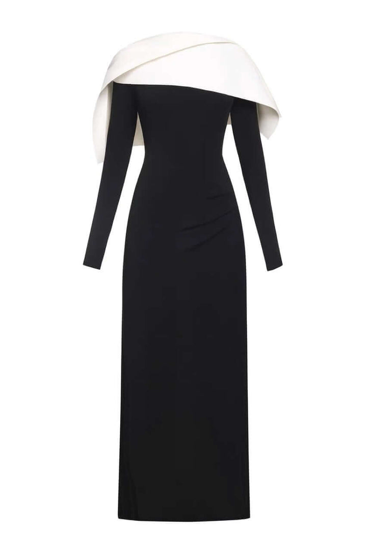 Elegant Long Evening Gown – Asymmetric Knit Formal Maxi Dress by Alex Evenings, Black and White, Long Sleeve Ball Gowne Style for Women