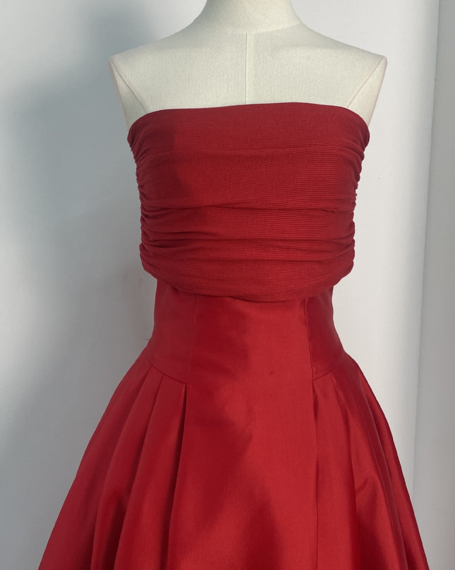 Satin Ruched Off Shoulder Dress - Red