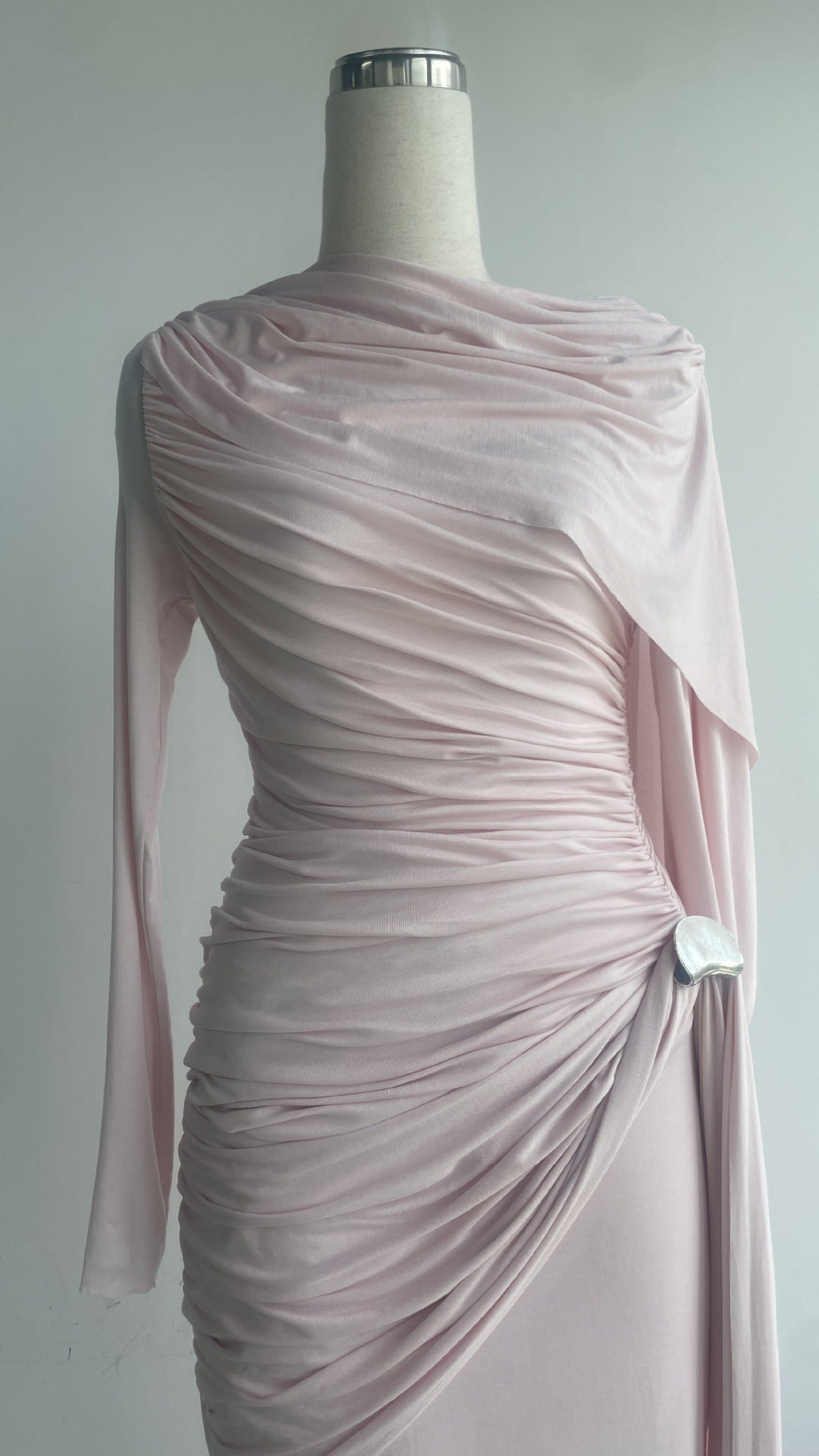 Blush Pink Pleated Draped Cape Dress – High-Waisted Elegance