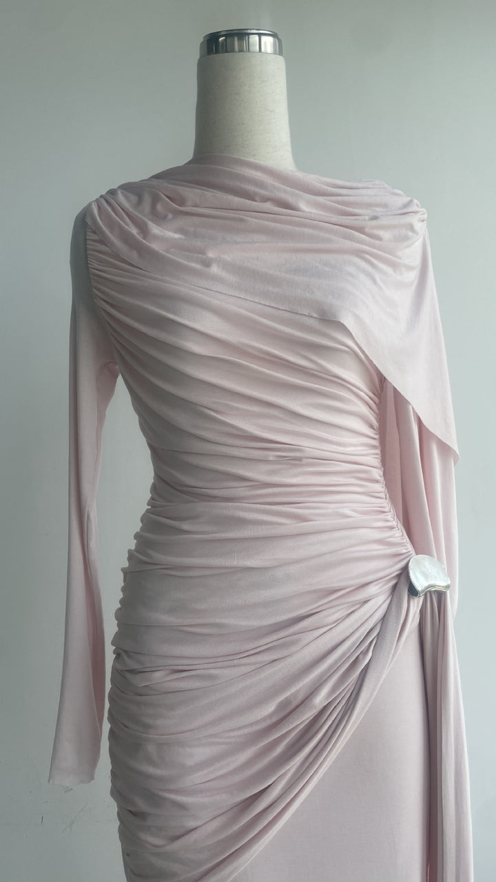 Blush Pink Pleated Draped Cape Dress – High-Waisted Elegance