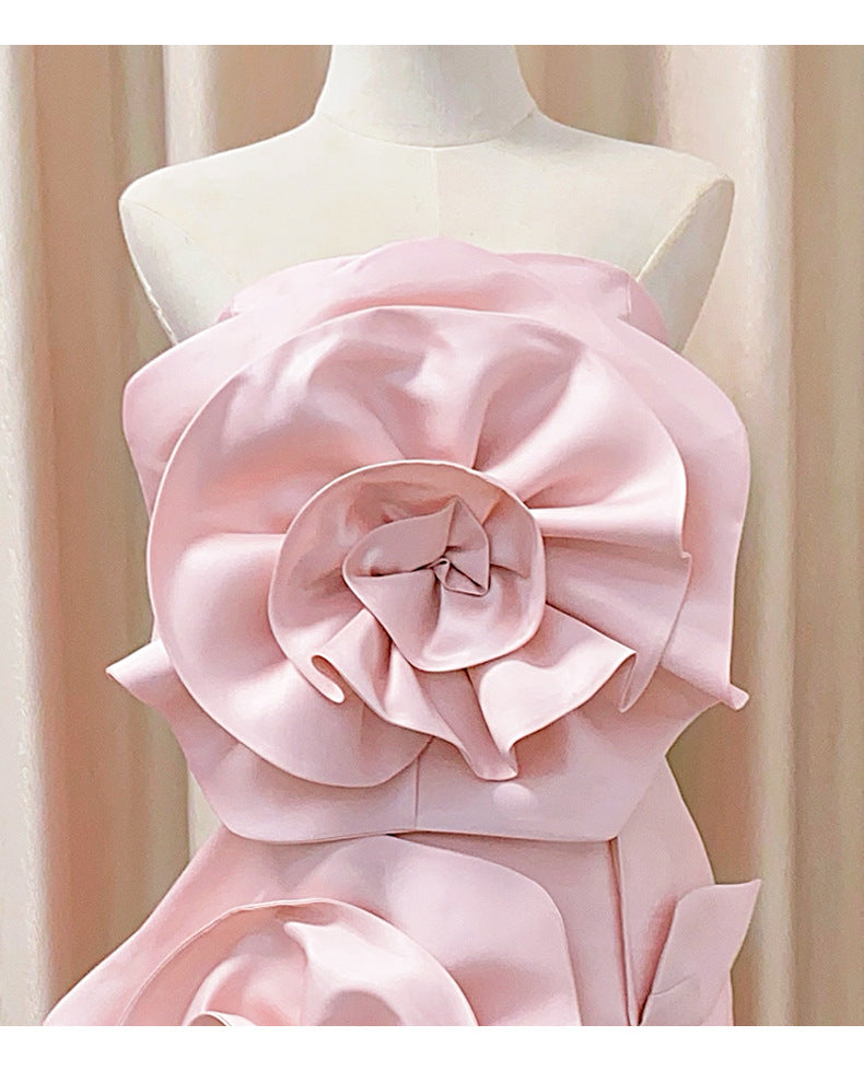 Pink 3D Floral Strapless Dress | Elegant Evening Party Gown