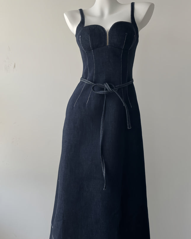Off Shoulder Denim Maxi Dress - Navy Blue